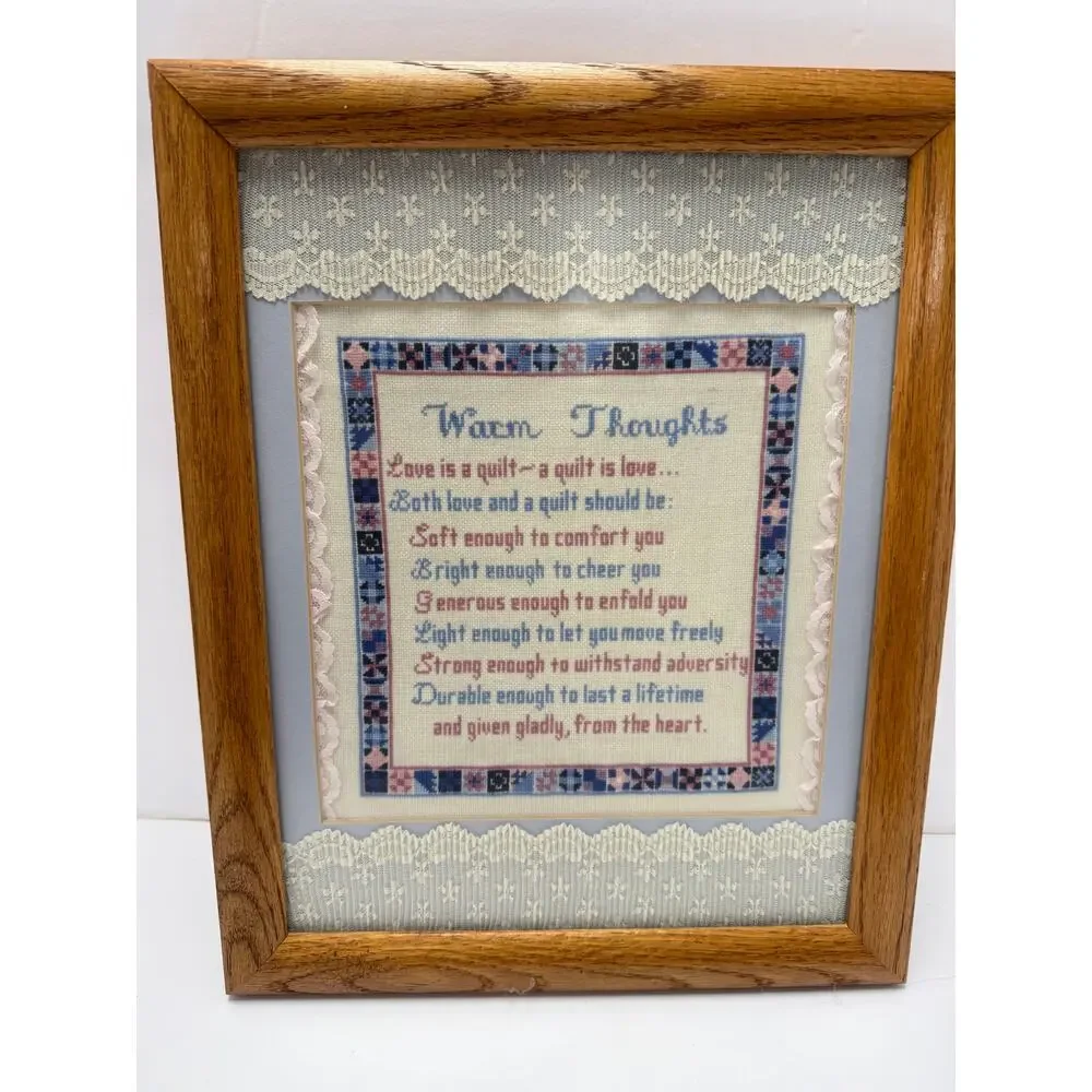 Framed Warm Thoughts Cross Stitch Quilt Saying Wall Art Lace Trim Oak Frame